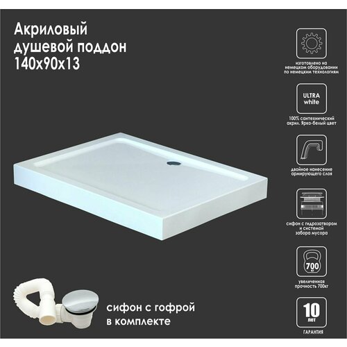 Душевой поддон 140x90x13 Royal Bath прямоугольник белый низкий