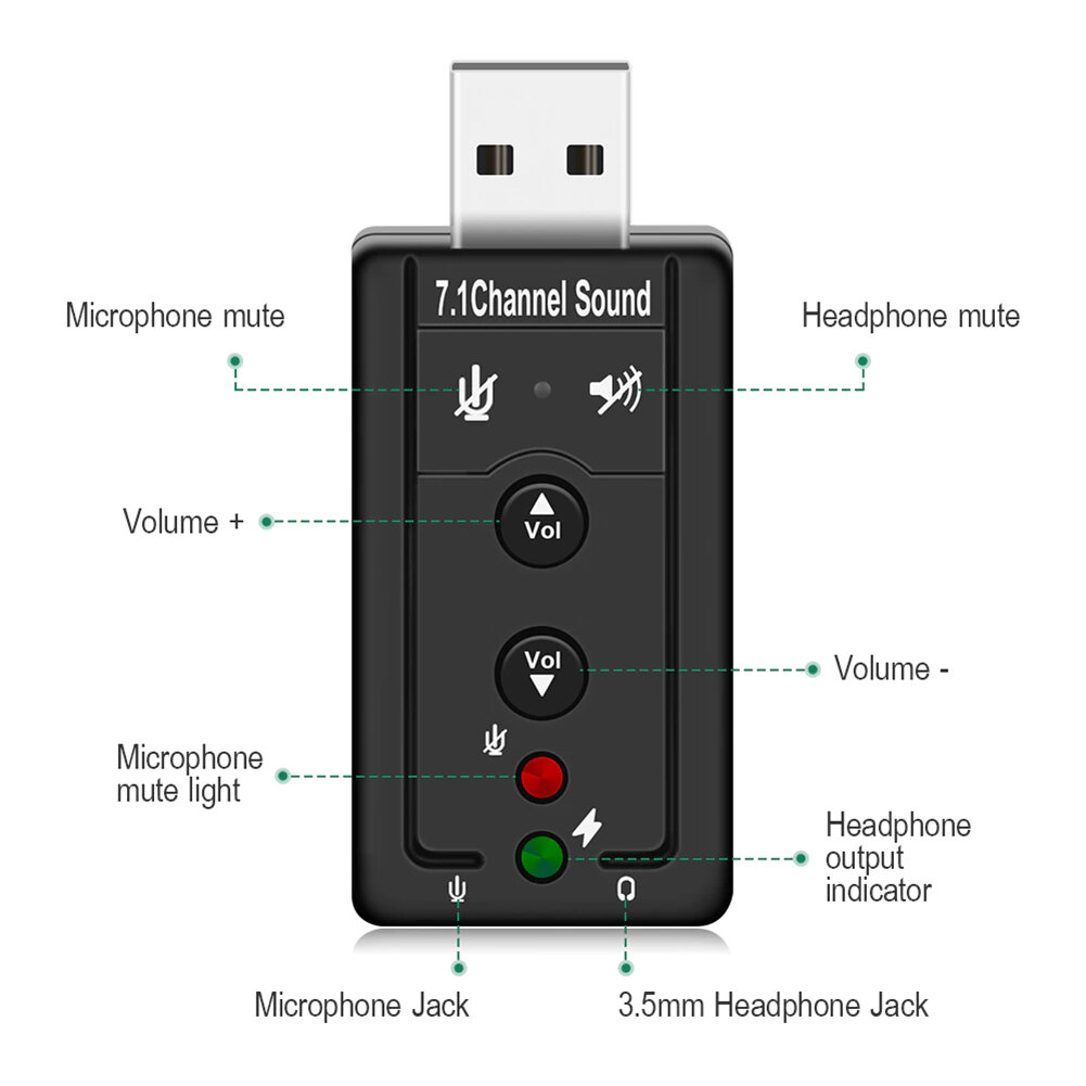 Внешняя звуковая карта USB Система 7.1 AUX 3,5mm Для компьютера и ноутбука С кнопками управления на корпусе.