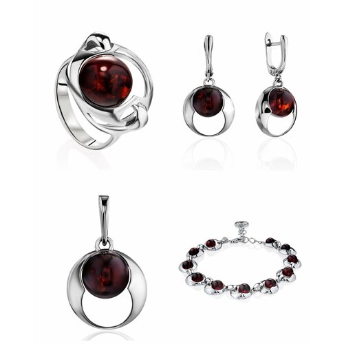фото Комплект бижутерии: кольцо, серьги, подвеска, браслет, янтарь, бордовый amberhandmade