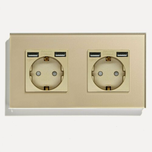 Изображение товара Розетка электрическая 2 поста, с Usb АА, рамка 157х86мм стекло, цвет золотой