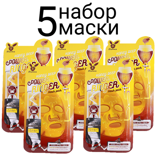 Elizavecca Power Ringer Mask Pack Honey Deep Тканевая маска с медом набор 5шт тканевая маска для лица с экстрактом меда deep power ringer mask pack маска 23мл
