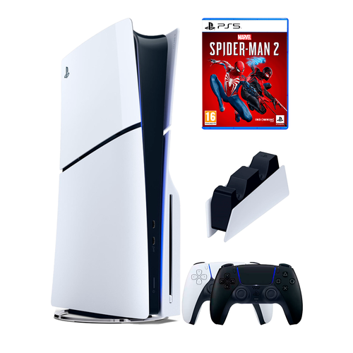 приставка sony playstation 5 slim 1 tb 2 ой геймпад пурпурный зарядное человек паук 2 PS5 (ПС5) Игровая приставка Sony PlayStation 5 Slim disc + 2-й геймпад(черный) + зарядное + игра Spider-Man2