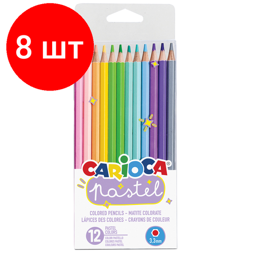 Комплект 8 шт, Карандаши цветные Carioca Pastel, 12цв, заточен, ПВХ, европодвес