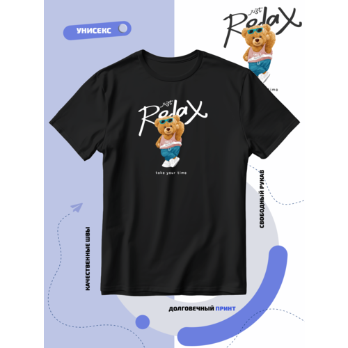 фото Футболка спортивный мишка на релаксе с надписью, размер l, черный smail-p