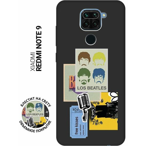 Матовый Soft Touch силиконовый чехол на Xiaomi Redmi Note 9, Сяоми Редми Ноут 9 с 3D принтом Beatles Stickers черный матовый soft touch силиконовый чехол на xiaomi redmi 9 сяоми редми 9 с 3d принтом stormtrooper stickers черный