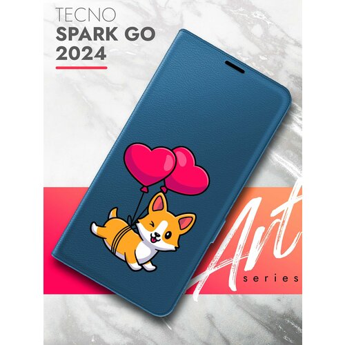 Чехол на Tecno Spark Go 2024 (Техно Спарк Гоу 2024) синий книжка эко-кожа с функцией подставки и магнитами Book Case, Brozo (принт) Корги Шарики чехол на tecno spark go 2024 техно спарк гоу 2024 черный книжка эко кожа с функцией подставки и магнитами book case brozo принт губы