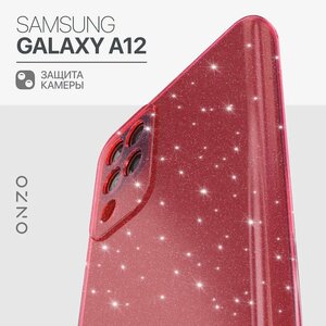 Чехол для Samsung Galaxy A12 / Самсунг Галакси А12 бампер красный прозрачный с блестками