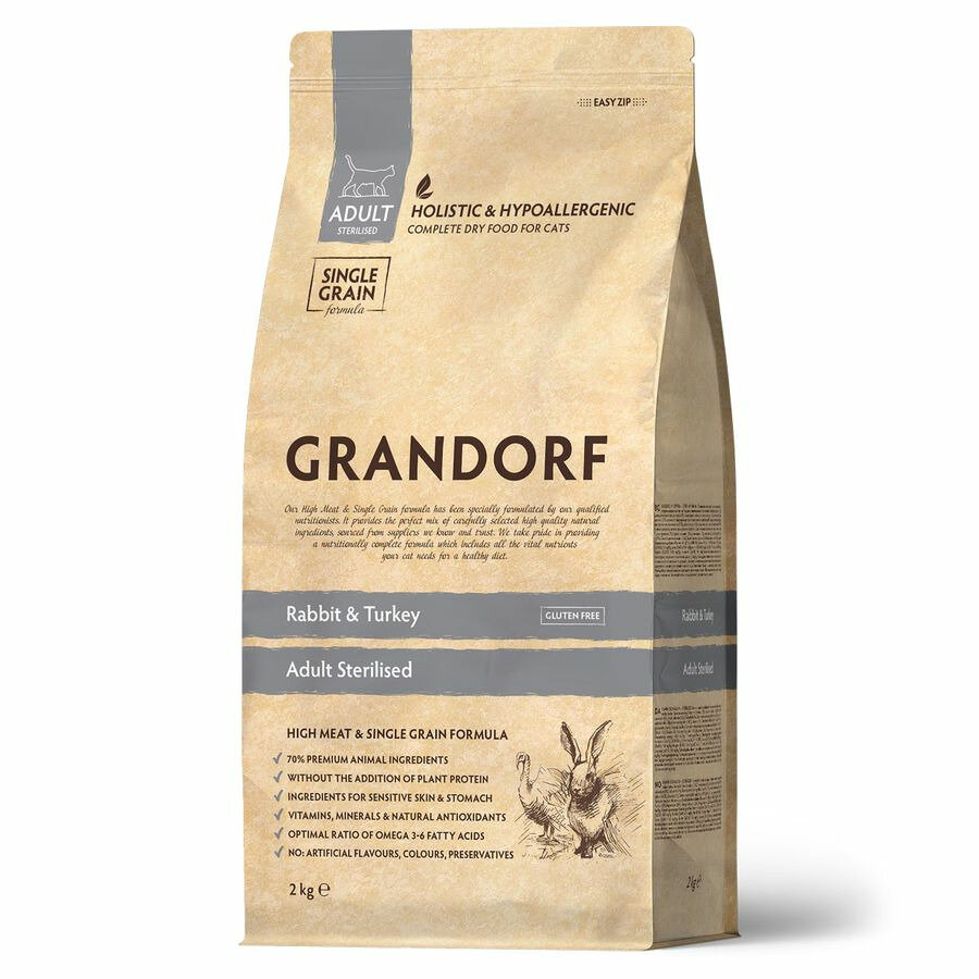 Grandorf Sterilized сухой корм для стерилизованных кошек, с кроликом и индейкой - 2 кг