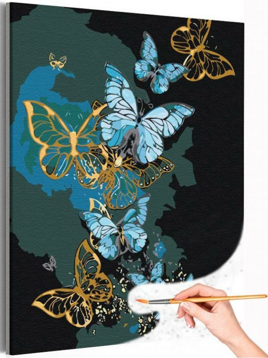 Бабочки на темном фоне Раскраска картина по номерам на холсте с металлической краской 40х50