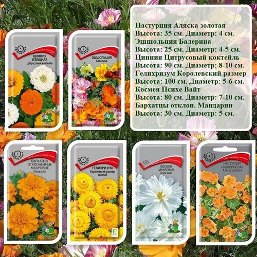 Набор семян цветов из 6 пачек - Настурция, Эшшольция, Цинния, Гелихризум, Космея и Бархатцы.