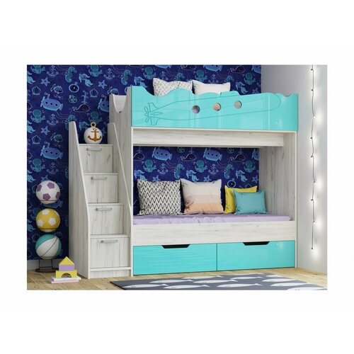 Юниор-15 МДФ Кровать 2-х ярусная Бирюза металлик Дуб Крафт белый 37116₽