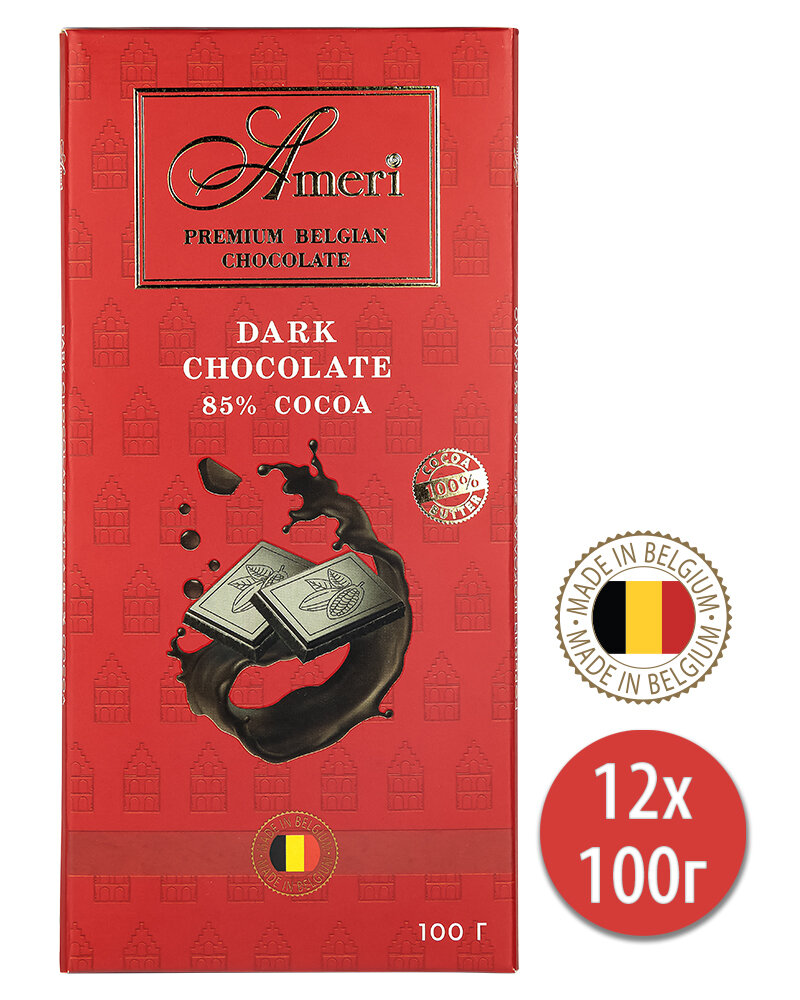 Шоколадная плитка Ameri Экстра Горький Шоколад 85% 100гр. - 12 шт.