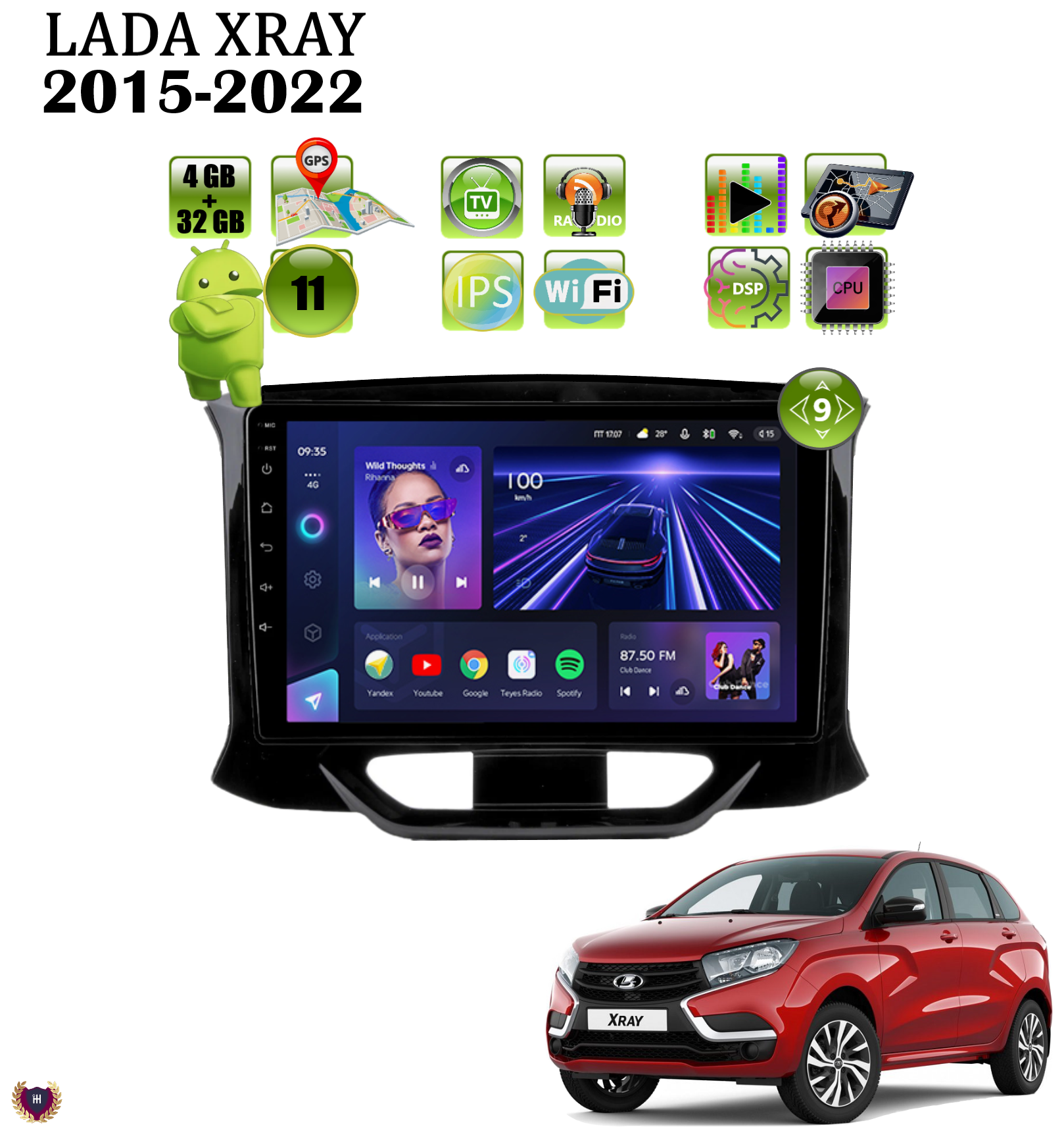 Автомагнитола для Lada XRAY (2015-2022), Android 11, 4/32 Gb, Wi-Fi, GPS, IPS экран, сенсорные кнопки, поддержка кнопок на руле
