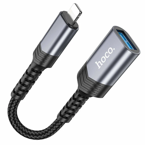 Адаптер переходник Hoco UA24 с Lightning на USB 2.0 серый металл