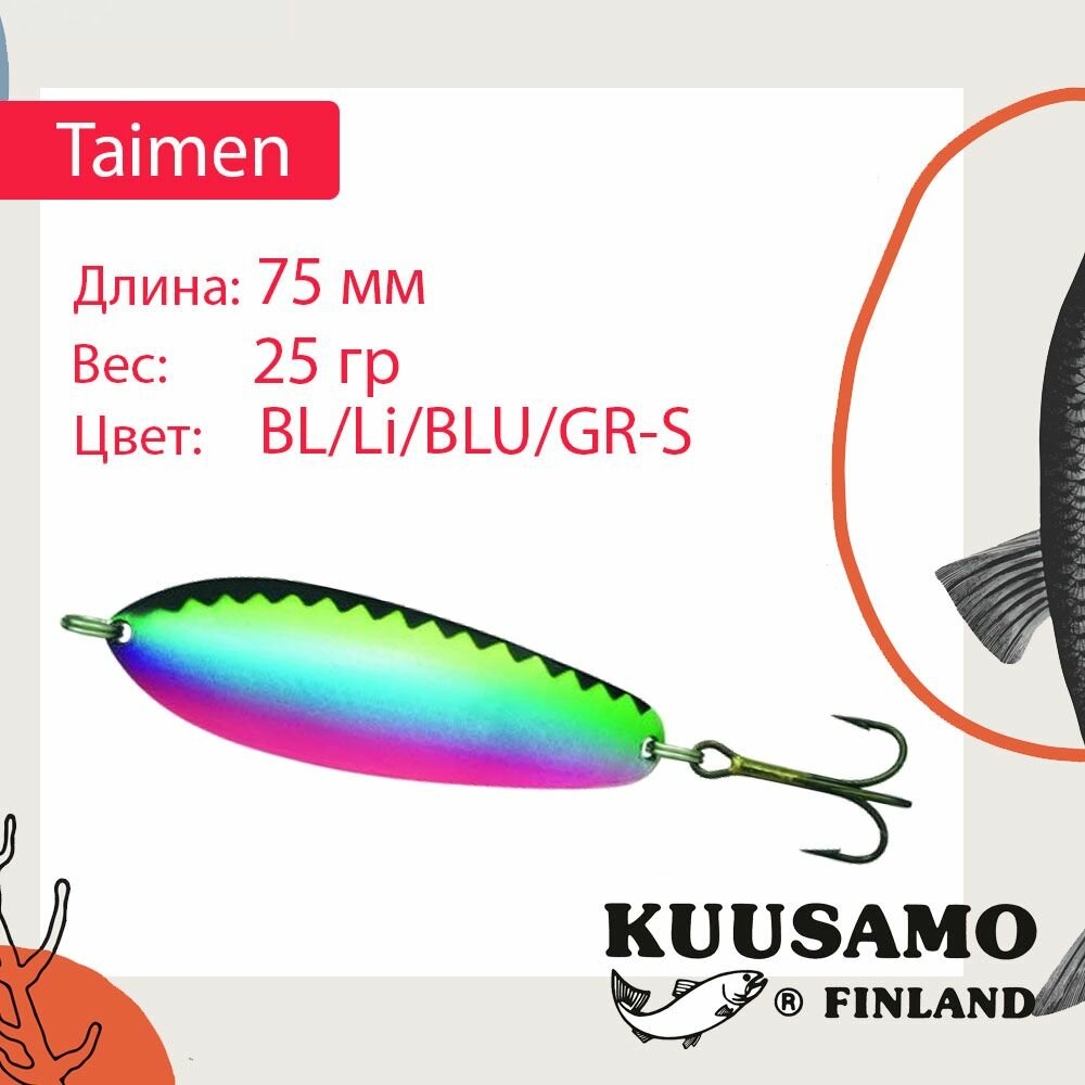 Блесна для рыбалки Kuusamo Taimen 75/25 BL/Li/BLU/GR-S (колеблющаяся)