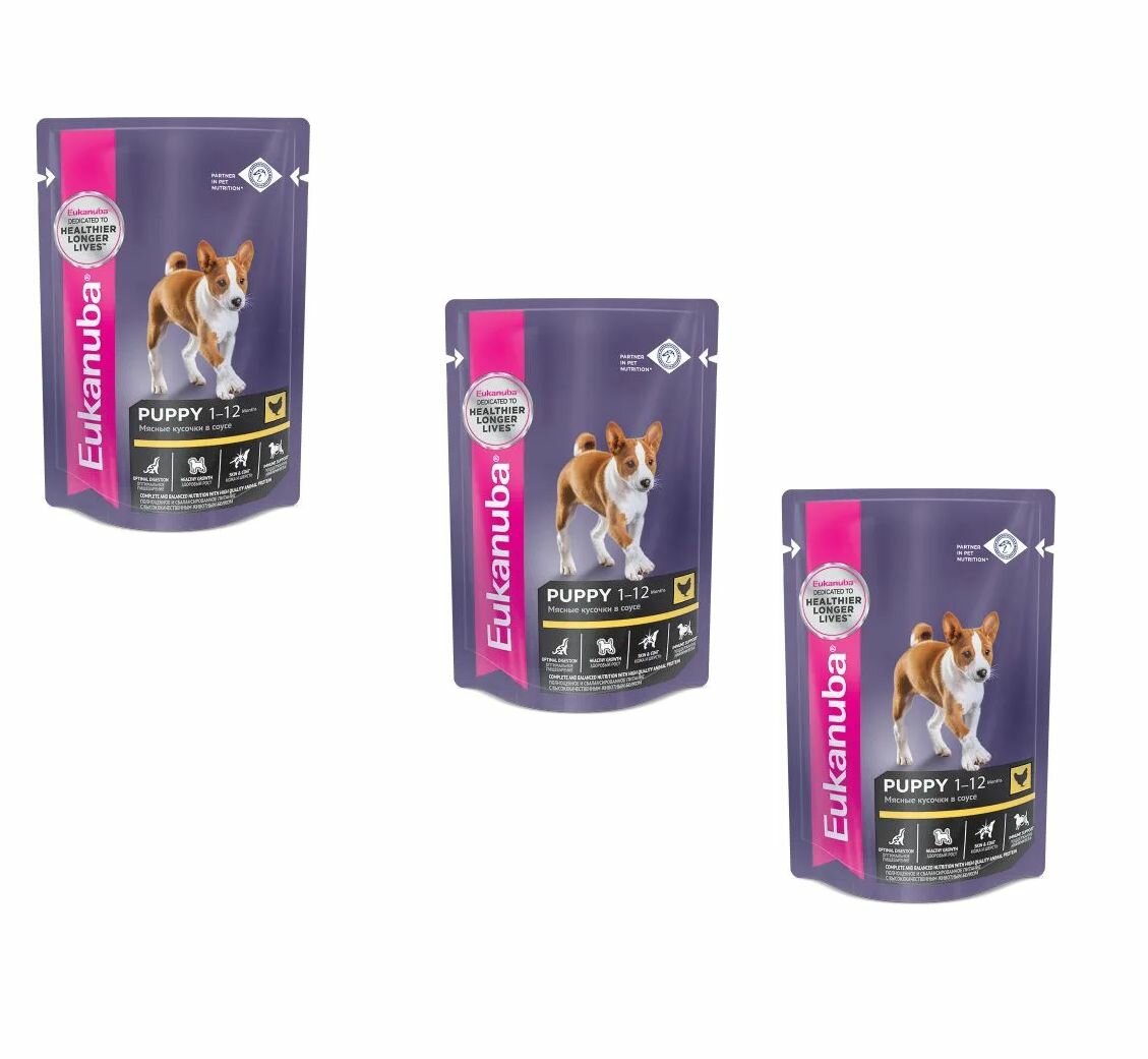 Eukanuba PUPPY ALL BREED CHICKEN пауч влажный корм для щенков всех пород, курица в соусе, 85 гр, 3 уп