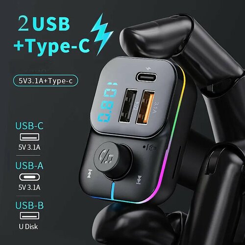 Bluetooth MP3 Автомобильное зарядное устройство с микрофоном 2 USB+PD /Bluetooth 5,0 автомобильная зарядка в прикуриватель 5V/3.1А черный
