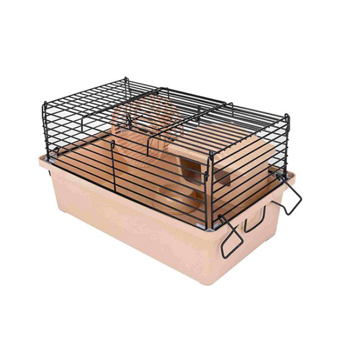 Клетка-мини для мелких грызунов Homepet с наполнением домик, миска, колесо, бежевая, 28 см х 17 см х 18 см, шаг прута 9,5 мм