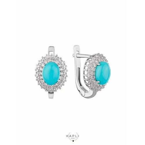 Серьги KAPLI jewelry, серебро, 925 проба, родирование, бирюза, фианит, размер/диаметр 11 мм, длина 1.6 см, голубой, серый