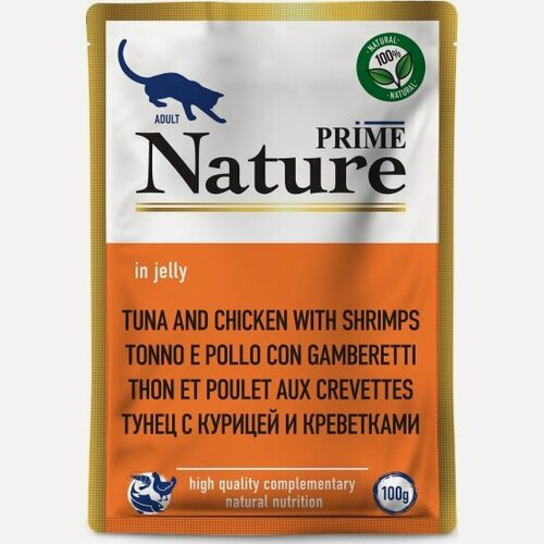 Изображение товара Влажный корм для кошек Prime Nature Тунец с курицей и креветками в желе пауч 100г*12 шт