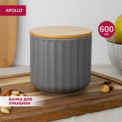 Банка для хранения сыпучих продуктов керамическая с деревянной бамбуковой крышкой объём 0,6л, контейнер для крупы APOLLO "Grecha"