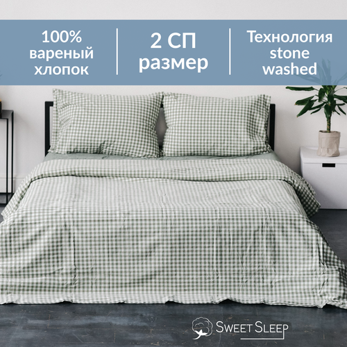 Комплект постельного белья Sweet Sleep 2 спальное вареный хлопок, изумрудный