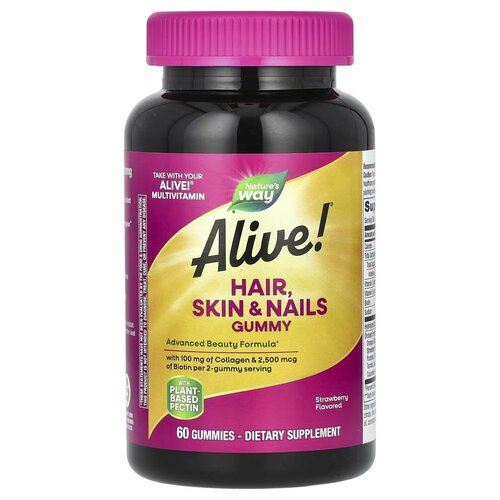 Nature's Way, Alive Hair, Skin&Nails! Мультивитаминная добавка с коллагеном и биотином для волос, кожи и ногтей, со вкусом клубники, 60 шт