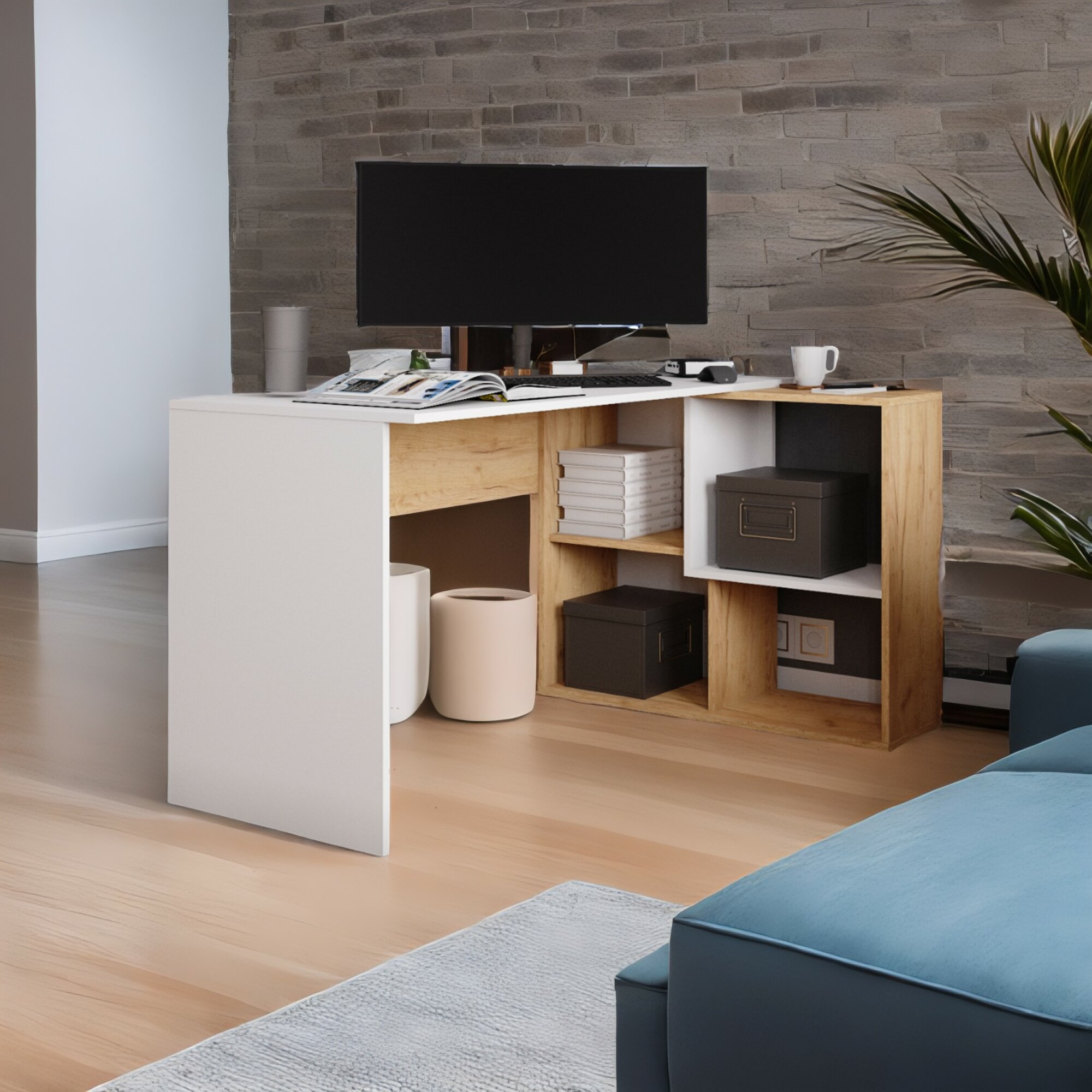 фото Стол компьютерный угловой с тумбой белый/дуб крафт золотой