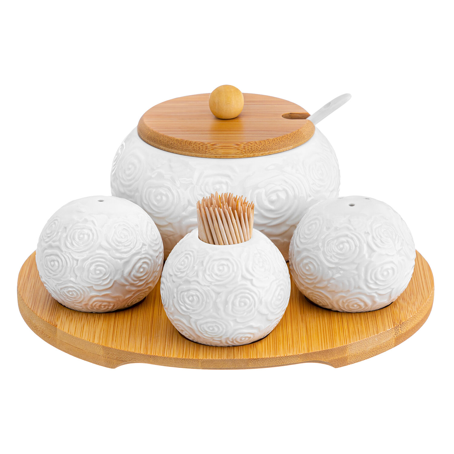 фото Набор - Сахарница 310 мл Elan Gallery Розы с ложкой + вазочка под зубочистки + перечница + солонка на дер. подставке