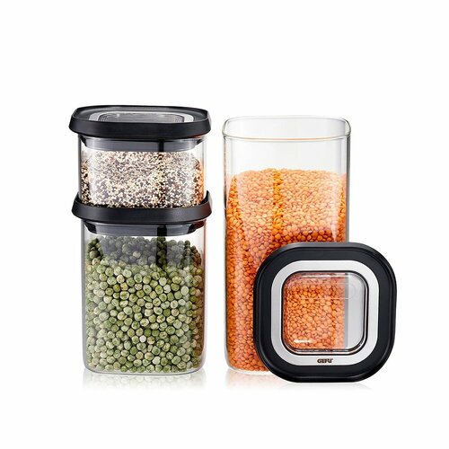 Набор из 3-х стеклянных емкостей для хранения с крышками из пластика и нержавеющей стали Pantry прозрачный серия Кухонные аксессуары GEFU GF12807 13490₽