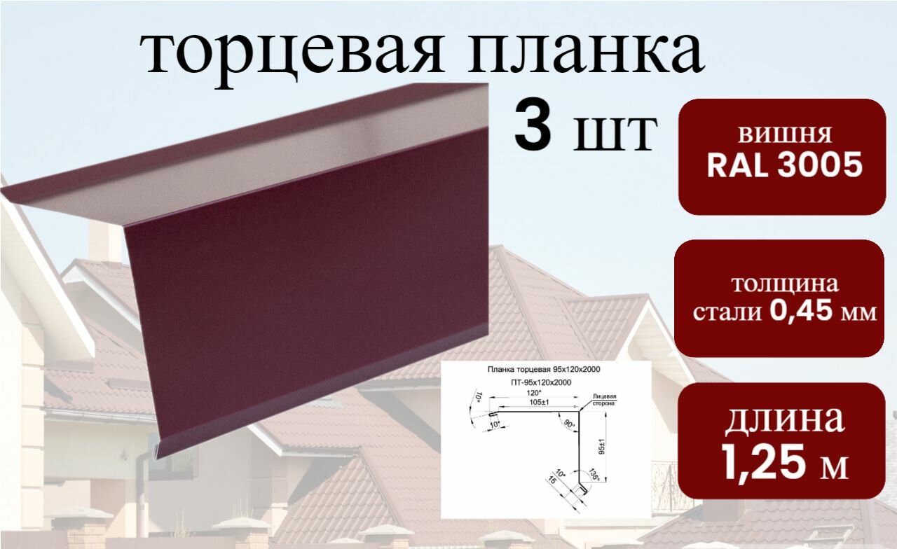 фото Торцевая / ветровая планка RAL 3005 вишня 1250 мм 3 шт в комплекте