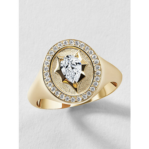 Печатка KAPLI jewelry, серебро, 925 проба, золочение, муассанит, фианит, размер 15, ширина 14 мм, золотой