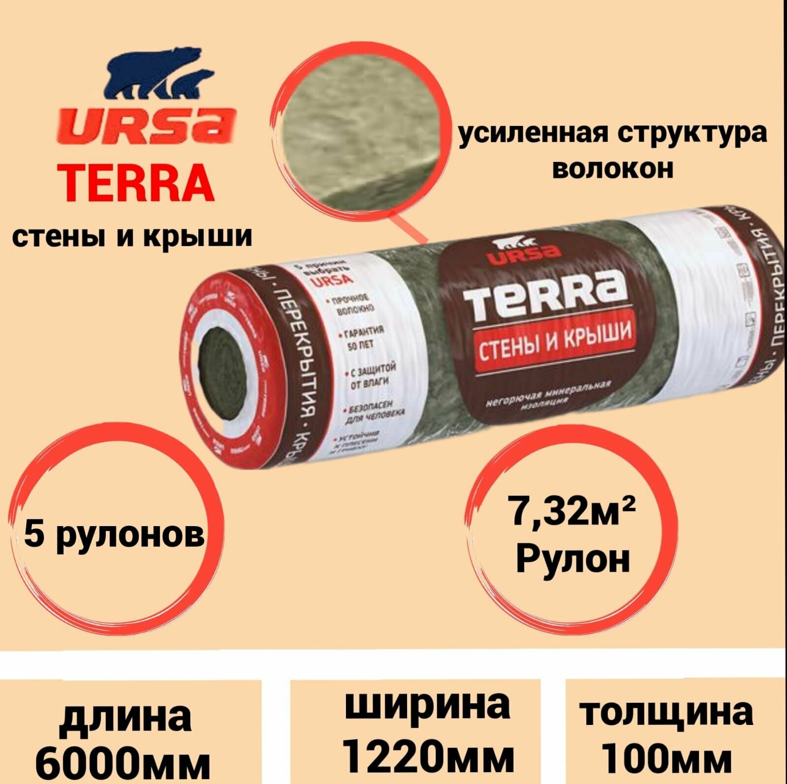 фото Утеплитель в рулоне 36,6м2 минеральная вата 100мм URSA TERRA Стены и крыши для стен, кровли, перекрытий