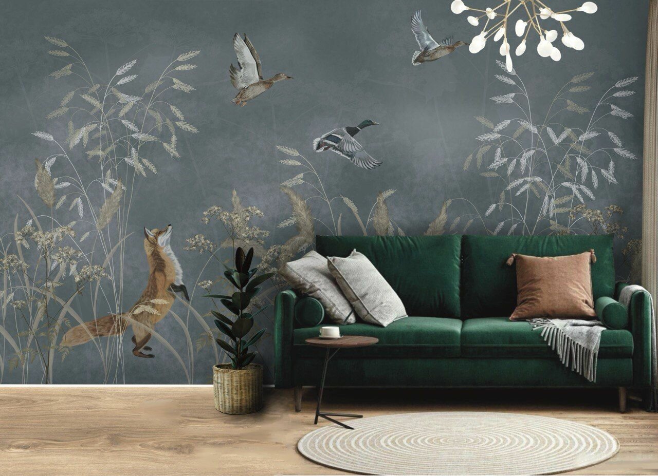 Фреска бесшовная "Лиса и утки в колосках" серый (ширина 2750мм х длина 3000мм)