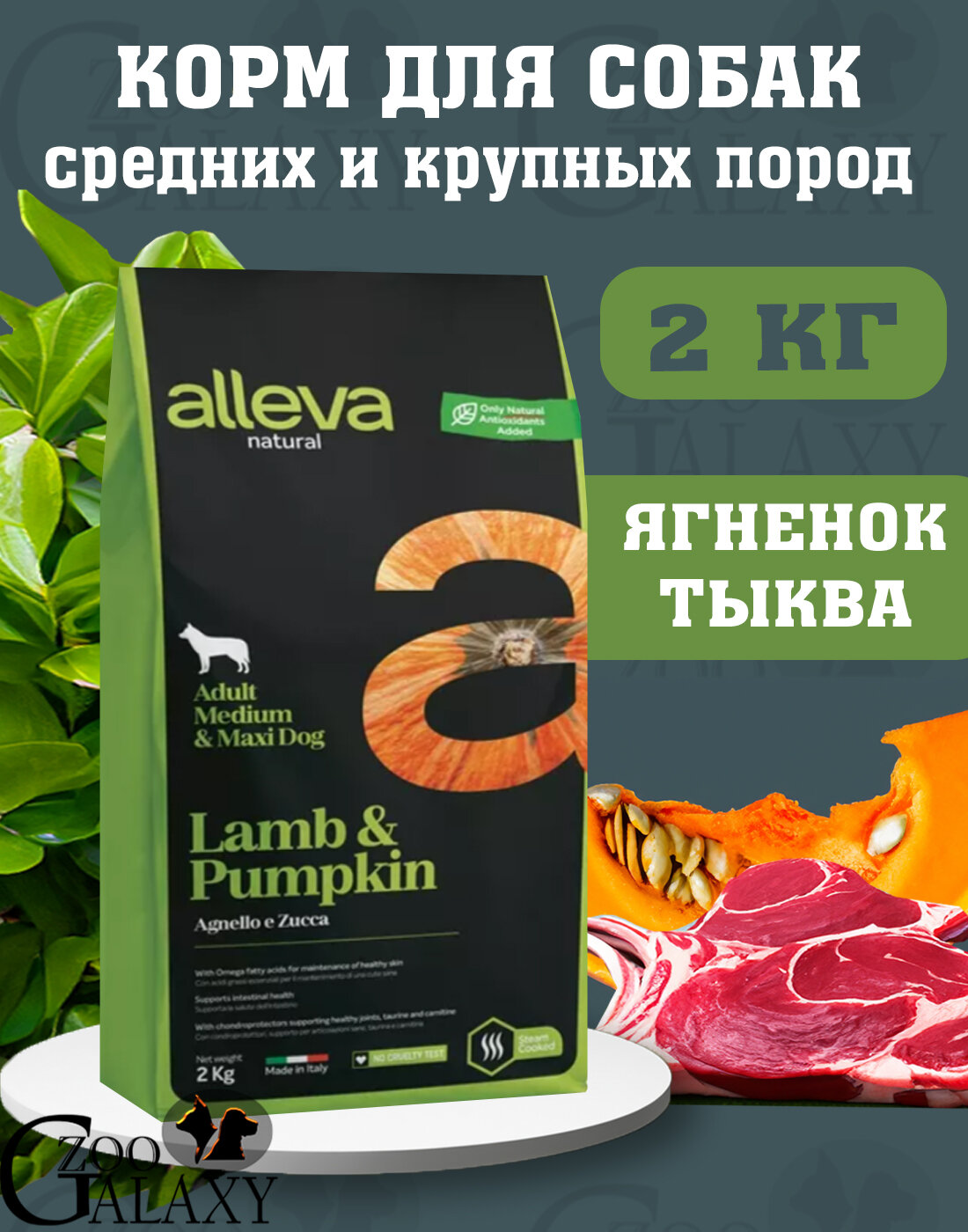 ALLEVA Корм для собак NATURAL LAMB AND PUMPKIN MEDIUM MAXI 2 кг