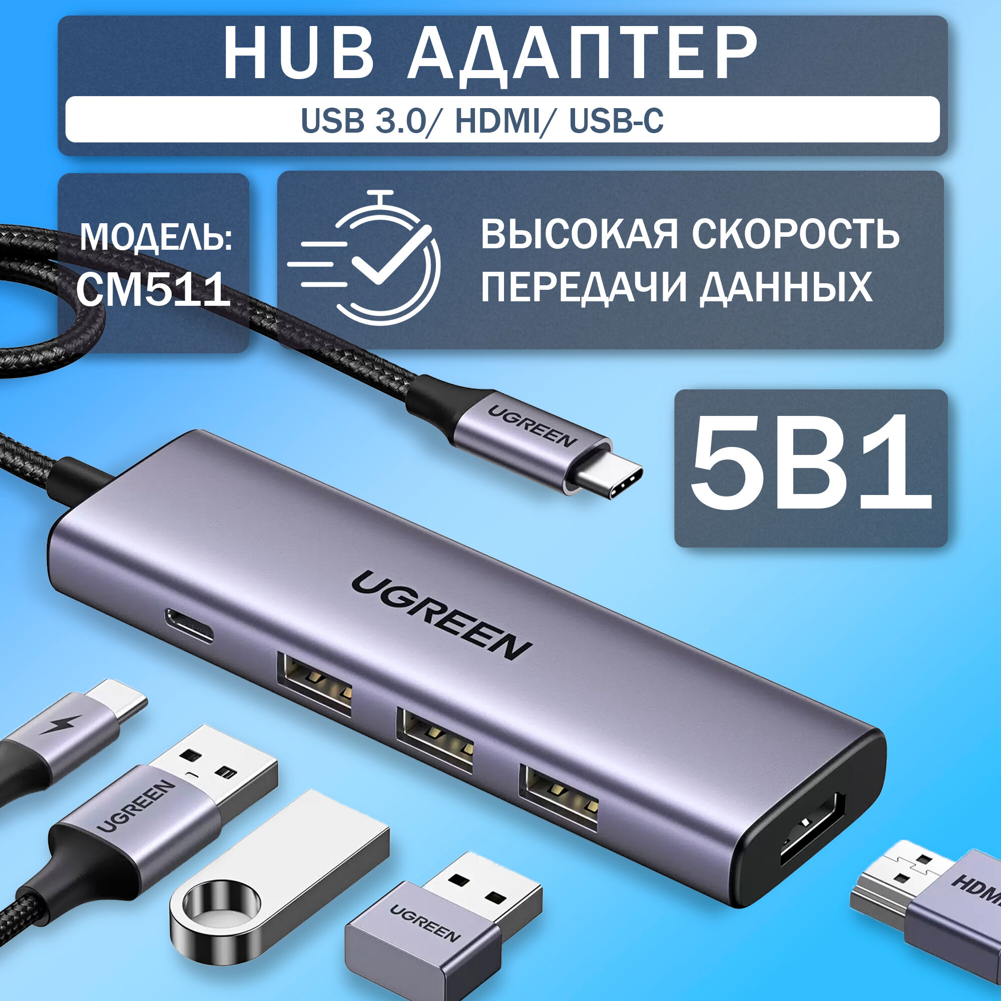 Адаптер-хаб UGREEN CM511 (15596) 5 портов, USB-C HDMI 4K 30 Гц / 3хUSB-A 3.0 / PD зарядка 100Вт, Silver
