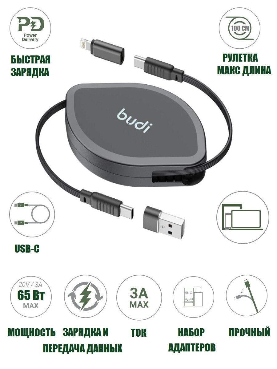 Кабель рулетка 4 в 1 USB-C со сменными адаптерами 65 Вт PD