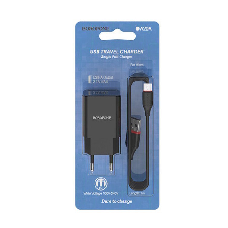 ЗУ Сетевое Borofon BA20A 1*USB+ кабель MicroUSB , 2,1А, блистер черный