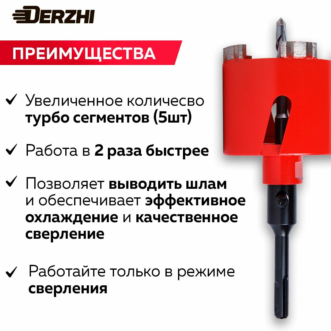 Изображение Коронка алмазная по железобетону, 80*90мм, 5 турбо сегмента, с хвостовиком Derzhi