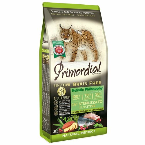 Сухой корм Primordial Neutered Cat Sensitive Salmon - беззерновой для стерилизованных кошек c чувствительным пищеварением, Лосось - 2кг