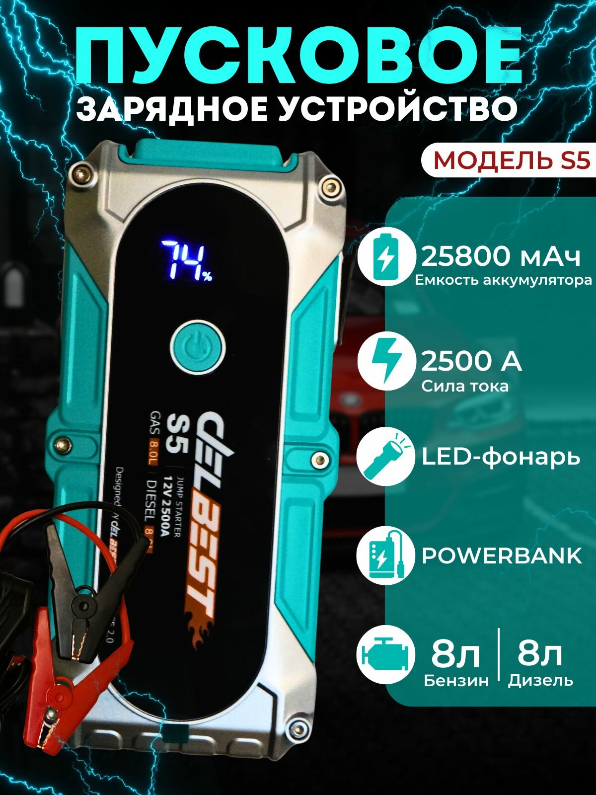 Мощное автомобильное пусковое устройство 12V 2500A, 25800 мАч, Jump Starter и Power Bank в одном!