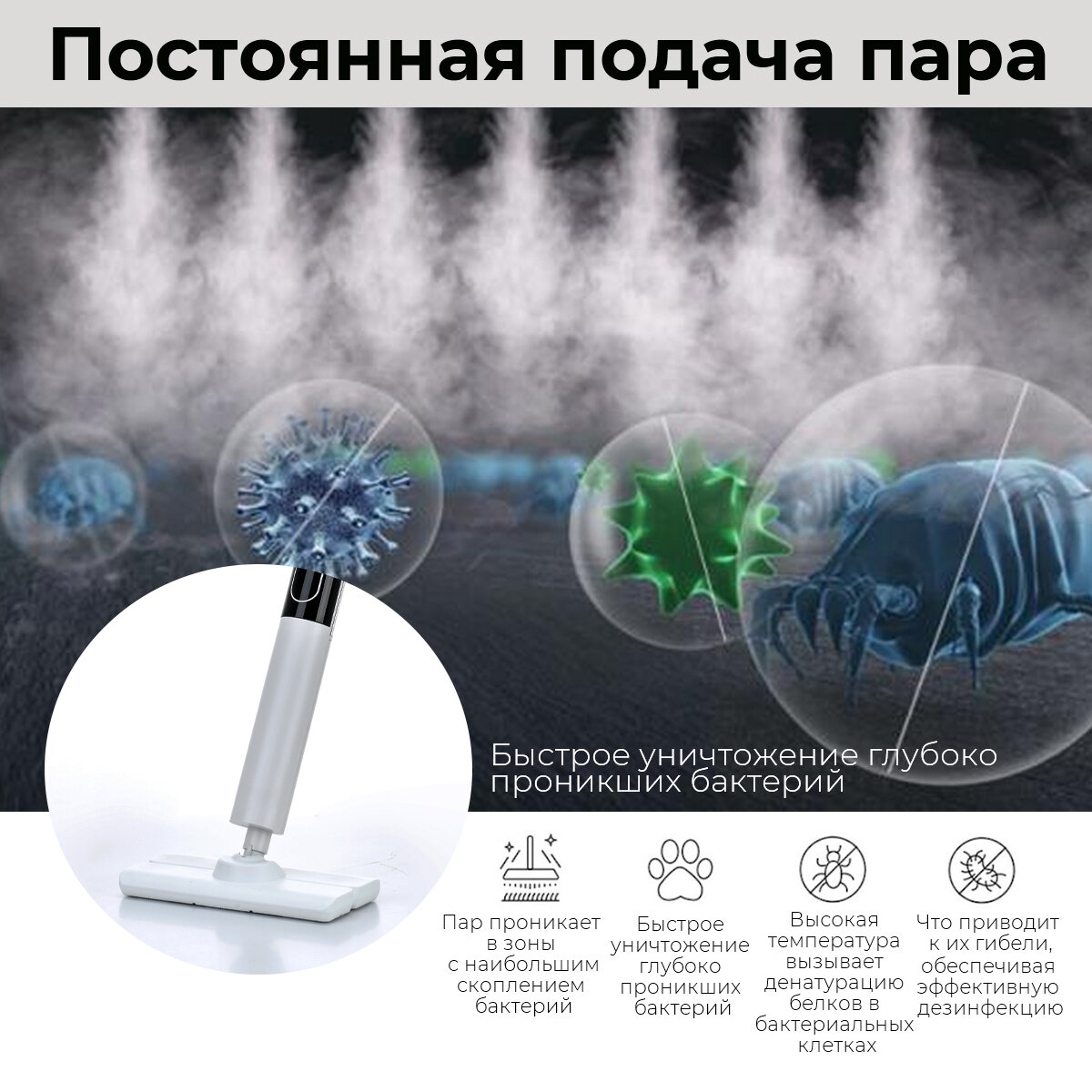 Паровая швабра KaringBee HD-TB506 с насадкой для ковров для мытья полов; Пароочиститель для уборки дома, 1200 Вт, 350 мл — фото 1