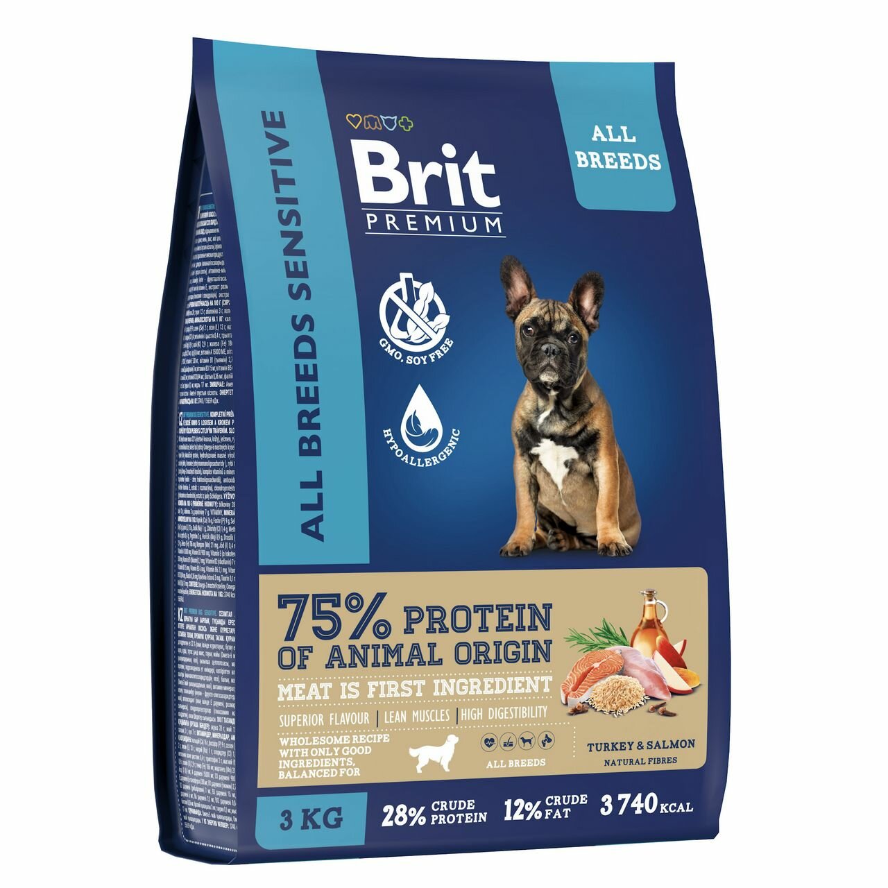 Brit Premium Dog Adult Sensitive сухой корм для взрослых собак всех пород с чувствительным пищеварением, с индейкой и лососем - 3 кг