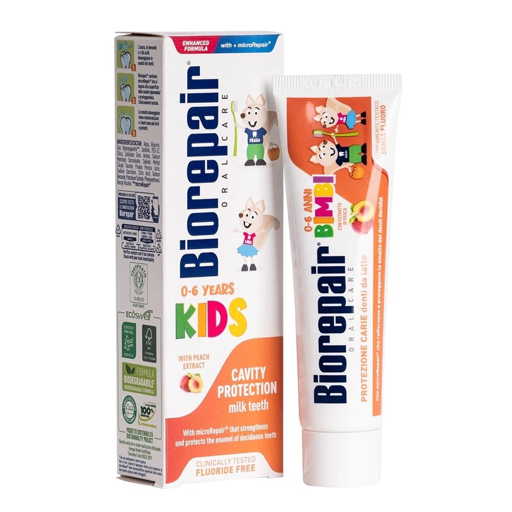 Детская зубная паста Biorepair Kids со вкусом персика, 0+ лет, без фтора, 50 мл