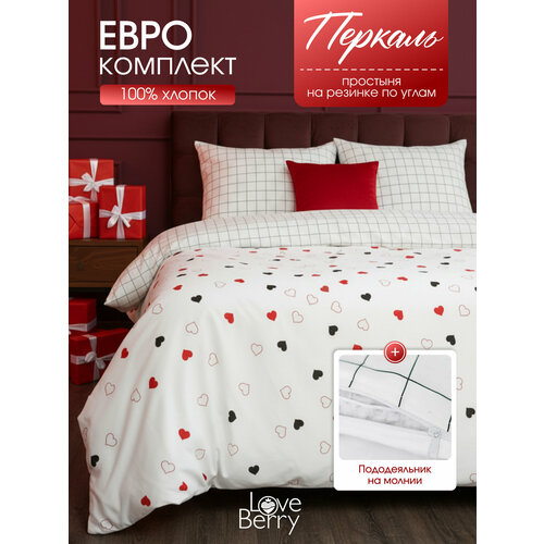 фото Постельное белье евро loveberry из перкаля, простыня на резинке 180х200 love berry
