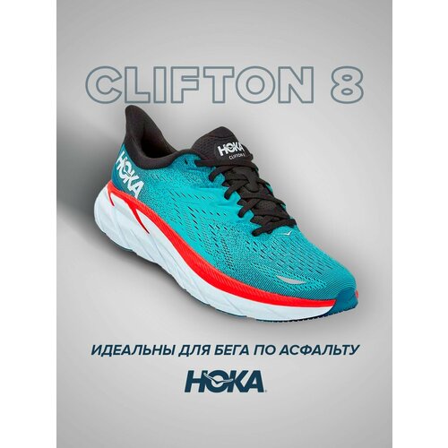 фото Кроссовки hoka clifton 8, демисезон/лето, беговые, полнота e, размер us11.5ee/uk11/eu46/jpn29.5, красный, голубой