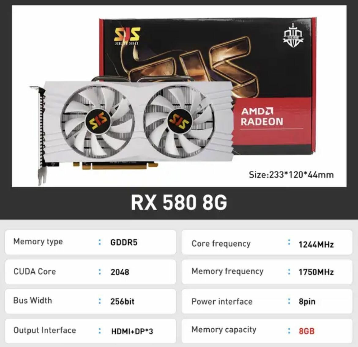 SJS Белая Видеокарта AMD Radeon 580 8G 256Bit GDDR5