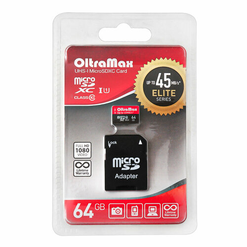 Карта памяти micro SD OLTRAMAX 64 GB с адаптером OM064GCSDXC10UHS-1-ElU1