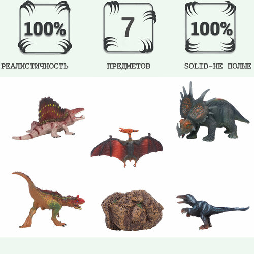 Динозавры и драконы для детей серии Мир динозавров: птеродактиль, диметродон, акрокантозавр, троодон, стиракозавр (набор фигурок из 7 предметов)