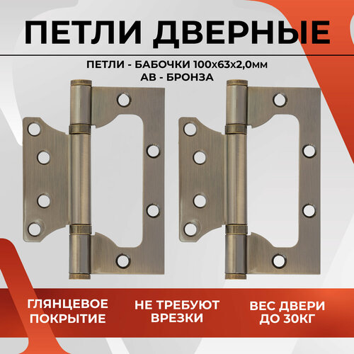 20145 Петли дверные / петли бабочки / петли накладные VETTORE FLUSH 100x63x2.0mmAB